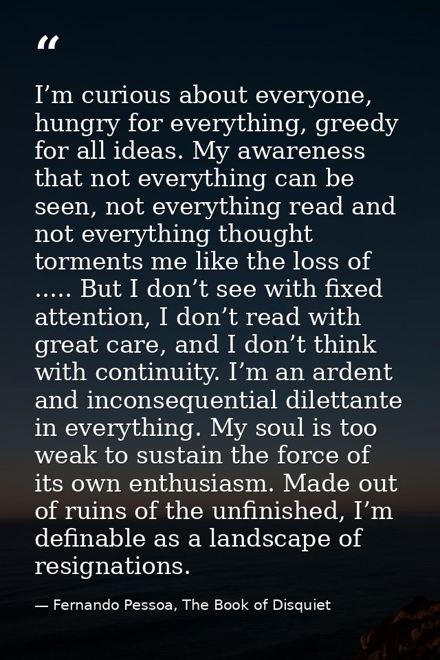 I’m curious about everyone, hungry for everything, greedy for all ideas. My awareness that not everything can be seen, n — Fernando Pessoa, The Book of Disquiet