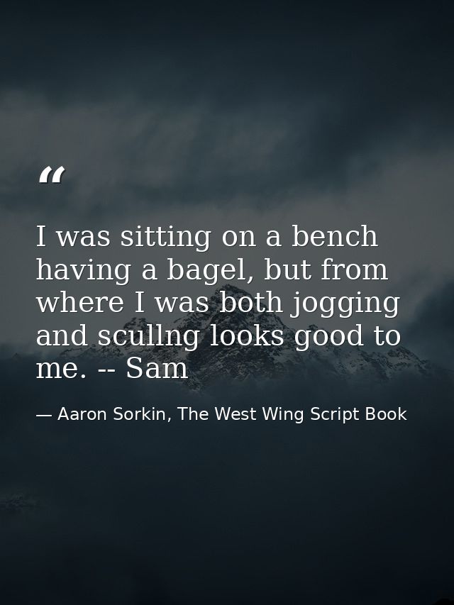 I was sitting on a bench having a bagel, but from where I was both jogging and scullng looks good to me. -- Sam — Aaron Sorkin, The West Wing Script Book