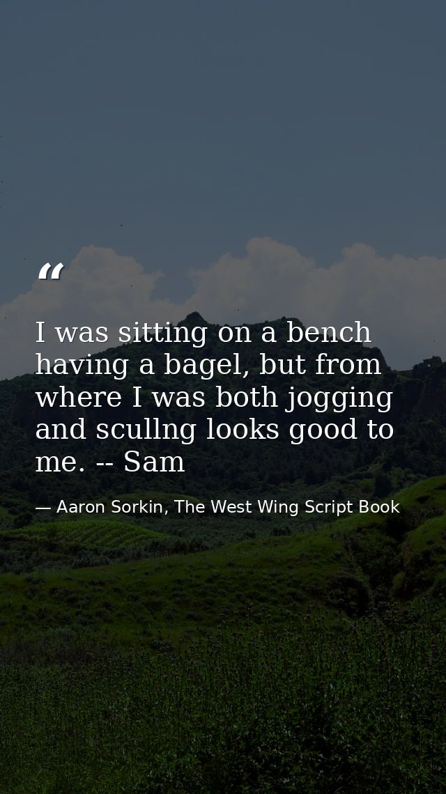 I was sitting on a bench having a bagel, but from where I was both jogging and scullng looks good to me. -- Sam — Aaron Sorkin, The West Wing Script Book