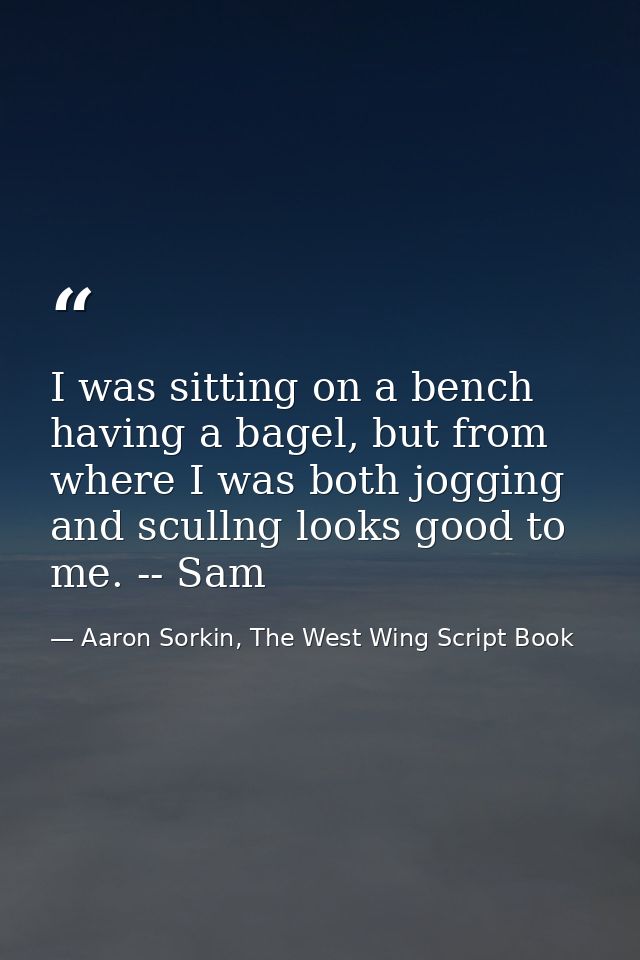 I was sitting on a bench having a bagel, but from where I was both jogging and scullng looks good to me. -- Sam — Aaron Sorkin, The West Wing Script Book