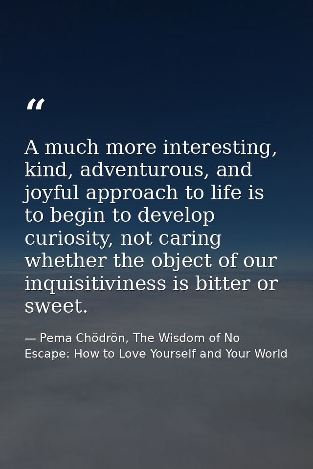 A much more interesting, kind, adventurous, and joyful approach to life is to begin to develop curiosity, not caring whe — Pema Chödrön, The Wisdom of No Escape: How to Love Yourself and Your World