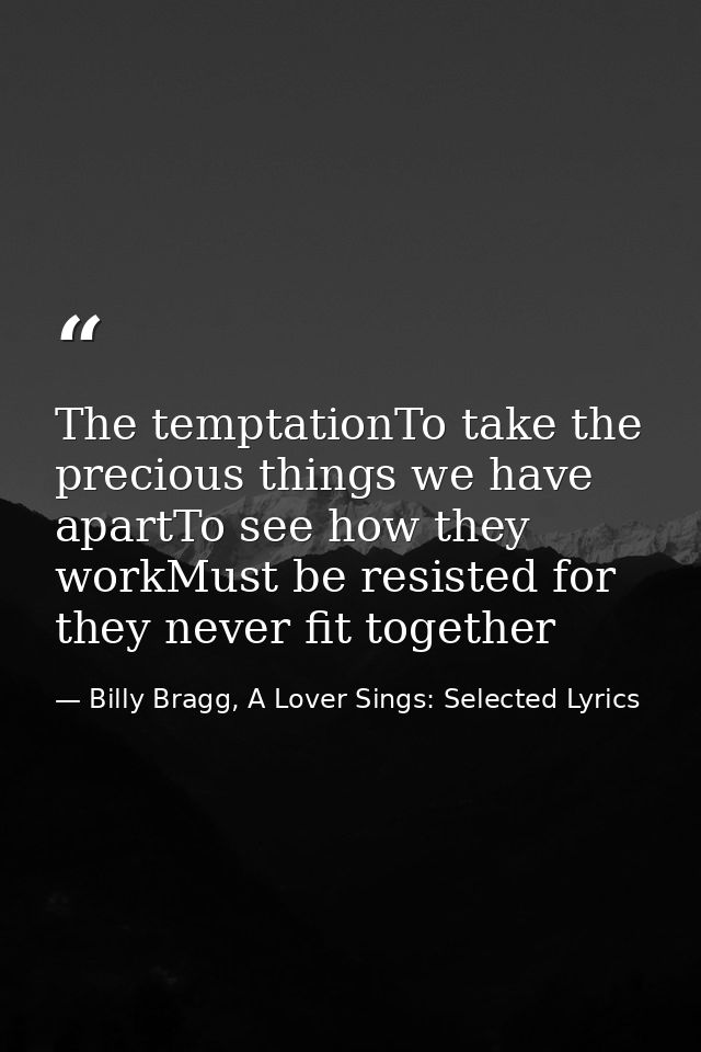 The temptationTo take the precious things we have apartTo see how they workMust be resisted for they never fit together — Billy Bragg, A Lover Sings: Selected Lyrics