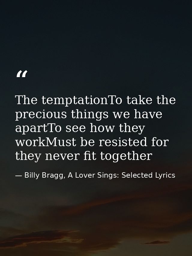 The temptationTo take the precious things we have apartTo see how they workMust be resisted for they never fit together — Billy Bragg, A Lover Sings: Selected Lyrics