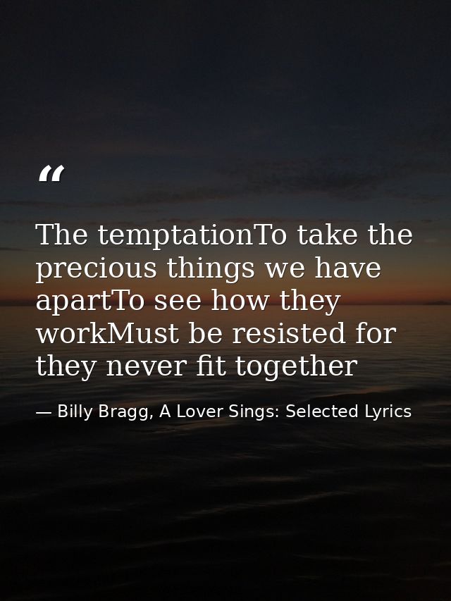 The temptationTo take the precious things we have apartTo see how they workMust be resisted for they never fit together — Billy Bragg, A Lover Sings: Selected Lyrics