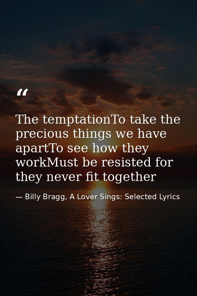 The temptationTo take the precious things we have apartTo see how they workMust be resisted for they never fit together — Billy Bragg, A Lover Sings: Selected Lyrics