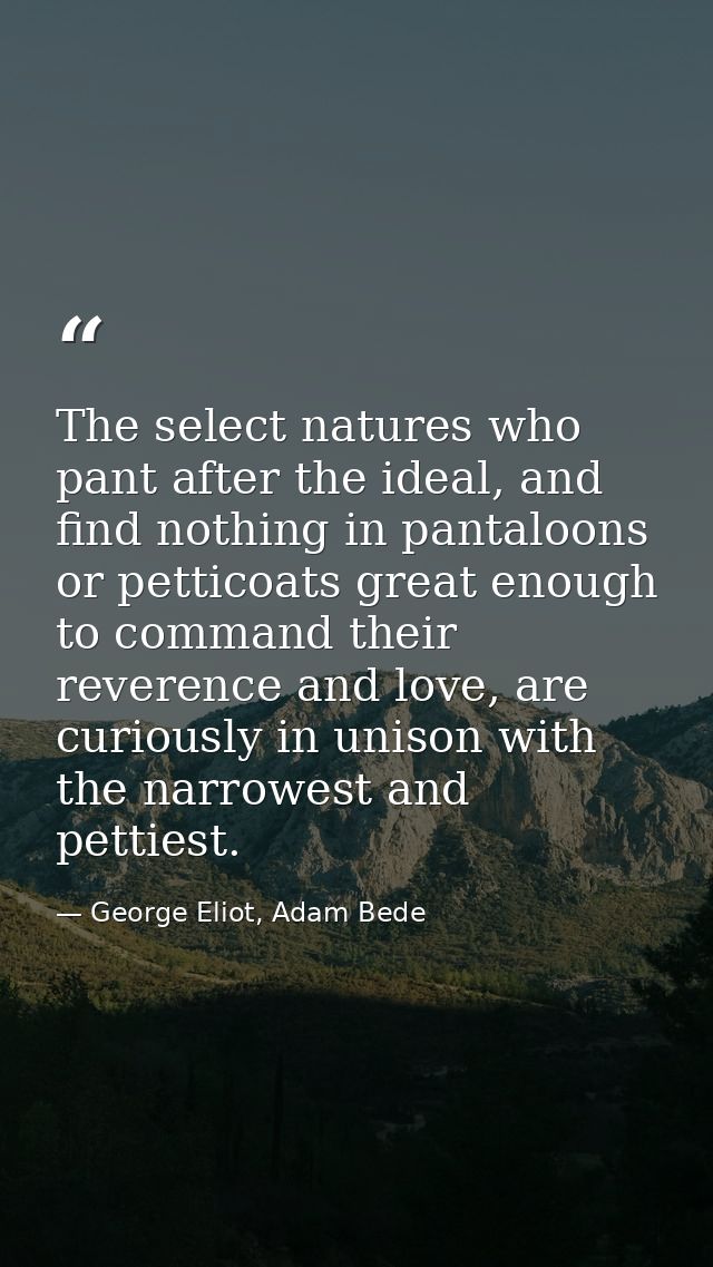 The select natures who pant after the ideal, and find nothing in pantaloons or petticoats great enough to command their  — George Eliot, Adam Bede
