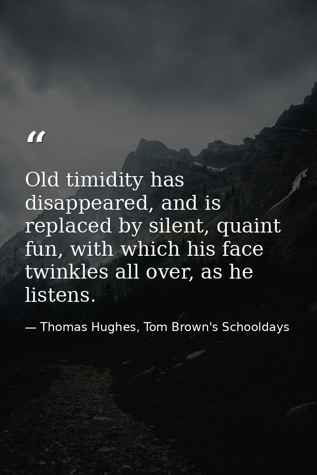 Old timidity has disappeared, and is replaced by silent, quaint fun, with which his face twinkles all over, as he listen — Thomas Hughes, Tom Brown's Schooldays