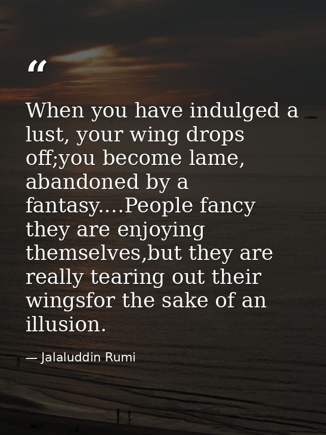 When you have indulged a lust, your wing drops off;you become lame, abandoned by a fantasy.…People fancy they are enjoyi — Jalaluddin Rumi