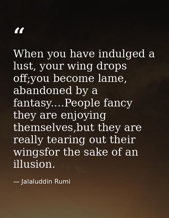 When you have indulged a lust, your wing drops off;you become lame, abandoned by a fantasy.…People fancy they are enjoyi — Jalaluddin Rumi