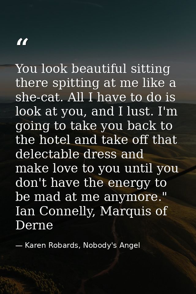You look beautiful sitting there spitting at me like a she-cat. All I have to do is look at you, and I lust. I'm going t — Karen Robards, Nobody's Angel