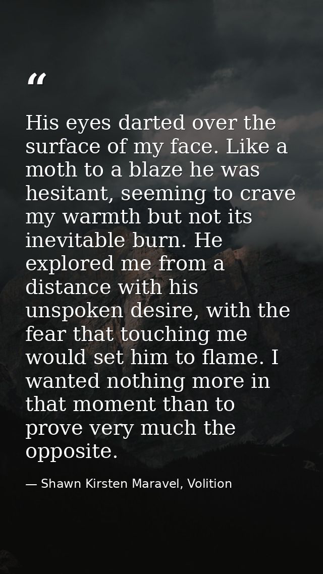His eyes darted over the surface of my face. Like a moth to a blaze he was hesitant, seeming to crave my warmth but not  — Shawn Kirsten Maravel, Volition