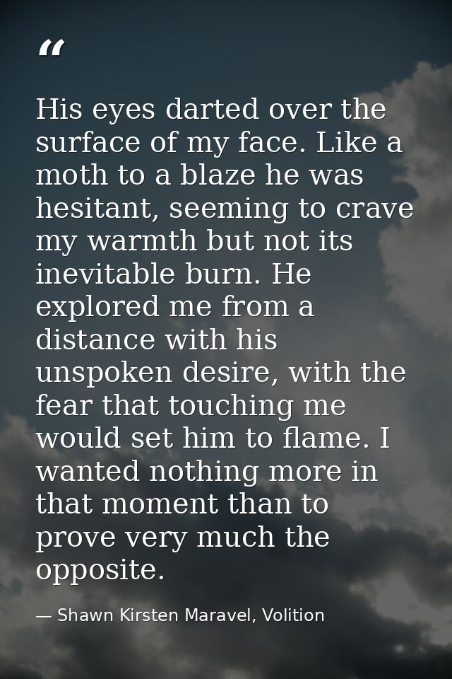 His eyes darted over the surface of my face. Like a moth to a blaze he was hesitant, seeming to crave my warmth but not  — Shawn Kirsten Maravel, Volition