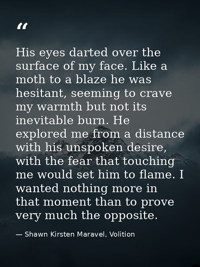 His eyes darted over the surface of my face. Like a moth to a blaze he was hesitant, seeming to crave my warmth but not  — Shawn Kirsten Maravel, Volition