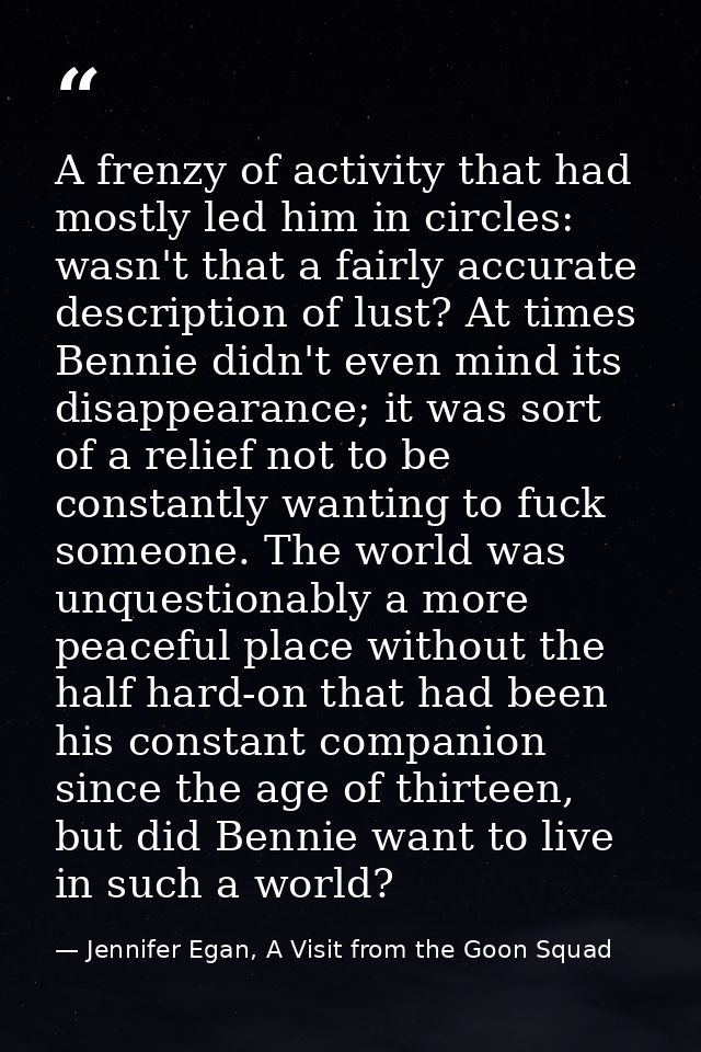 A frenzy of activity that had mostly led him in circles: wasn't that a fairly accurate description of lust? At times Ben — Jennifer Egan, A Visit from the Goon Squad