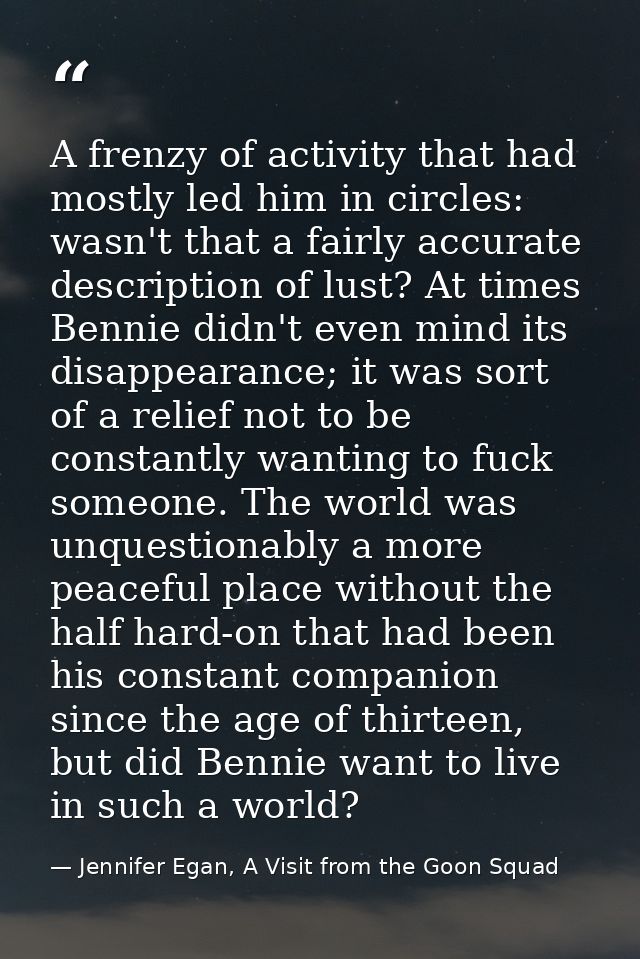 A frenzy of activity that had mostly led him in circles: wasn't that a fairly accurate description of lust? At times Ben — Jennifer Egan, A Visit from the Goon Squad