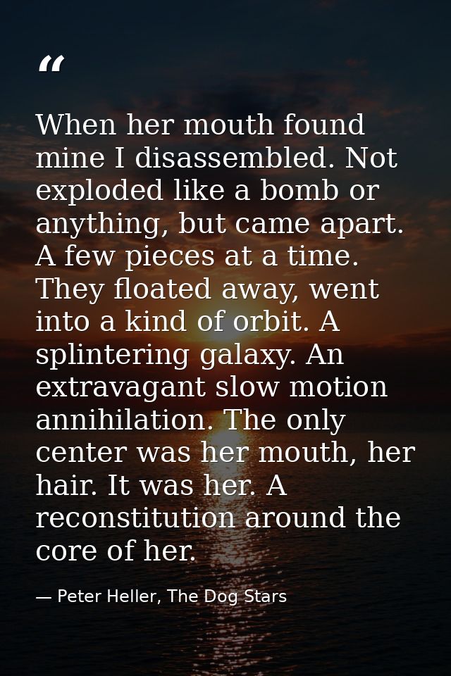 When her mouth found mine I disassembled. Not exploded like a bomb or anything, but came apart. A few pieces at a time.  — Peter Heller, The Dog Stars