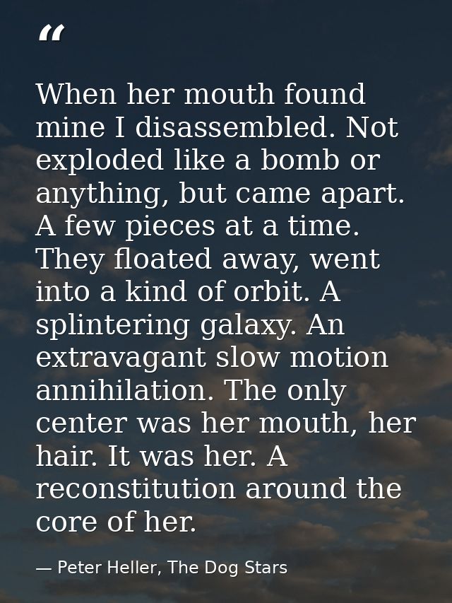 When her mouth found mine I disassembled. Not exploded like a bomb or anything, but came apart. A few pieces at a time.  — Peter Heller, The Dog Stars