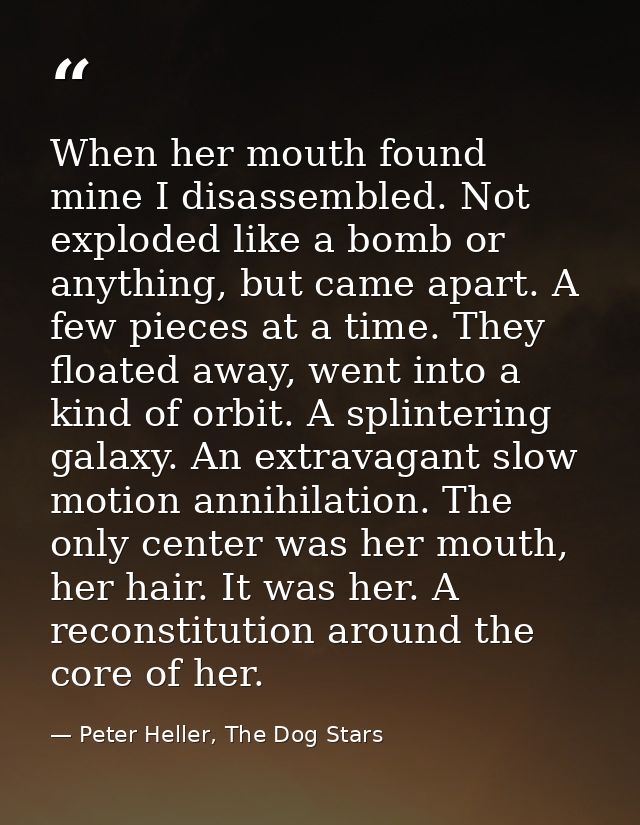 When her mouth found mine I disassembled. Not exploded like a bomb or anything, but came apart. A few pieces at a time.  — Peter Heller, The Dog Stars