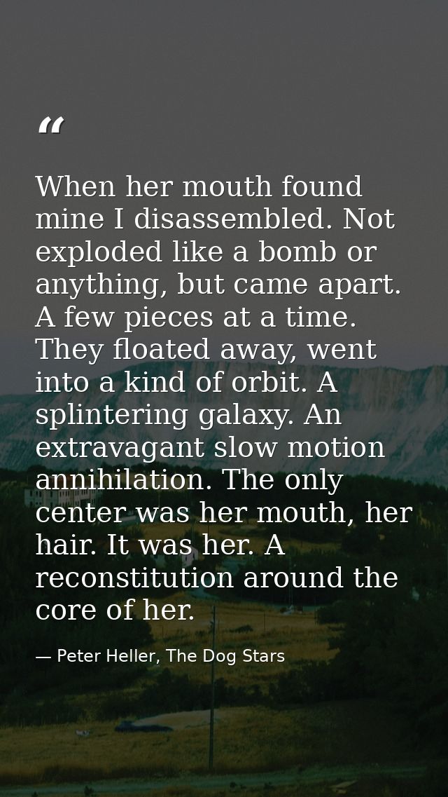 When her mouth found mine I disassembled. Not exploded like a bomb or anything, but came apart. A few pieces at a time.  — Peter Heller, The Dog Stars