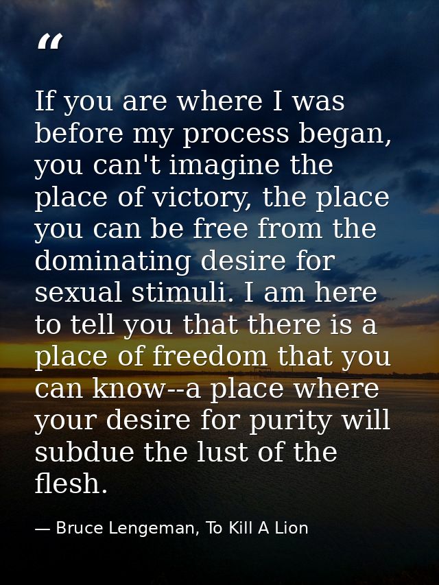 If you are where I was before my process began, you can't imagine the place of victory, the place you can be free from t — Bruce Lengeman, To Kill A Lion