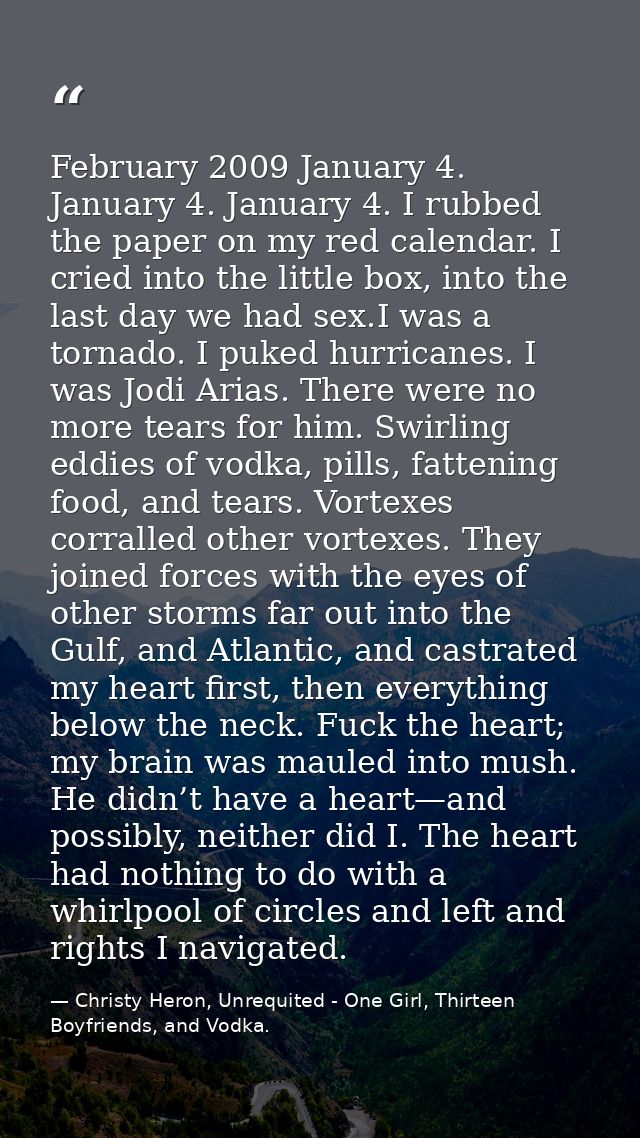 February 2009 January 4. January 4. January 4. I rubbed the paper on my red calendar. I cried into the little box, into  — Christy Heron, Unrequited - One Girl, Thirteen Boyfriends, and Vodka.
