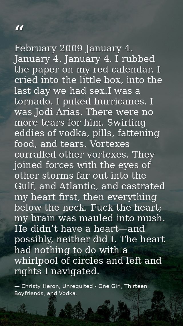 February 2009 January 4. January 4. January 4. I rubbed the paper on my red calendar. I cried into the little box, into  — Christy Heron, Unrequited - One Girl, Thirteen Boyfriends, and Vodka.