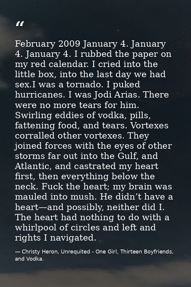 February 2009 January 4. January 4. January 4. I rubbed the paper on my red calendar. I cried into the little box, into  — Christy Heron, Unrequited - One Girl, Thirteen Boyfriends, and Vodka.