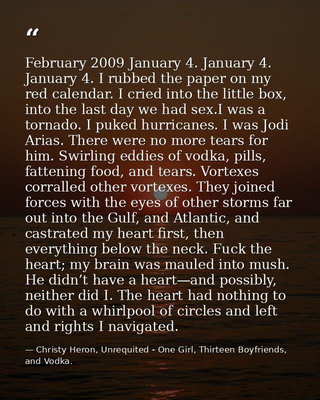 February 2009 January 4. January 4. January 4. I rubbed the paper on my red calendar. I cried into the little box, into  — Christy Heron, Unrequited - One Girl, Thirteen Boyfriends, and Vodka.