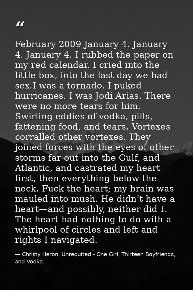 February 2009 January 4. January 4. January 4. I rubbed the paper on my red calendar. I cried into the little box, into  — Christy Heron, Unrequited - One Girl, Thirteen Boyfriends, and Vodka.