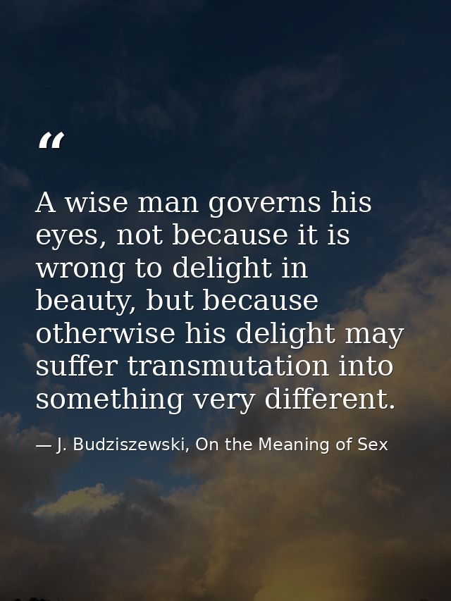 A wise man governs his eyes, not because it is wrong to delight in beauty, but because otherwise his delight may suffer  — J. Budziszewski, On the Meaning of Sex