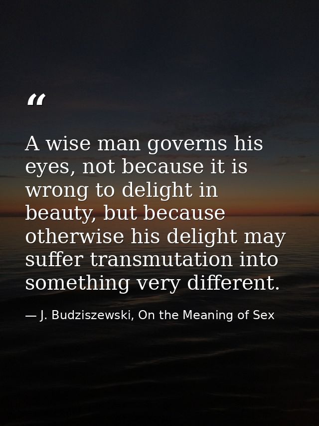 A wise man governs his eyes, not because it is wrong to delight in beauty, but because otherwise his delight may suffer  — J. Budziszewski, On the Meaning of Sex