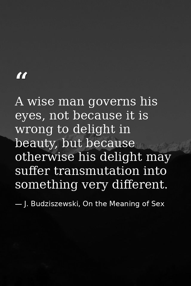 A wise man governs his eyes, not because it is wrong to delight in beauty, but because otherwise his delight may suffer  — J. Budziszewski, On the Meaning of Sex
