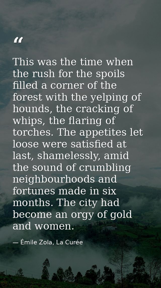 This was the time when the rush for the spoils filled a corner of the forest with the yelping of hounds, the cracking of — Émile Zola, La Curée