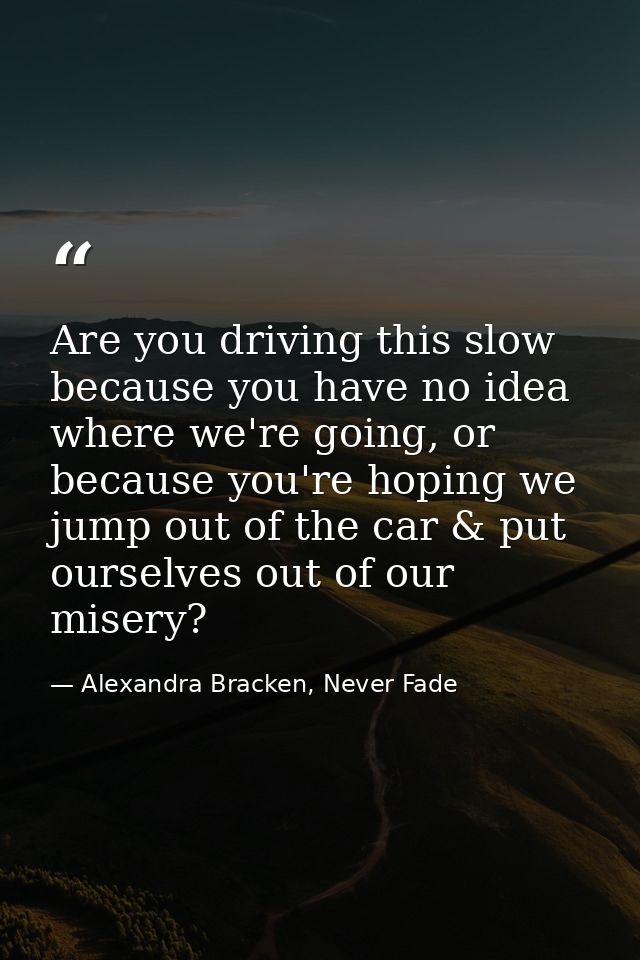 Are you driving this slow because you have no idea where we're going, or because you're hoping we jump out of the car &  — Alexandra Bracken, Never Fade