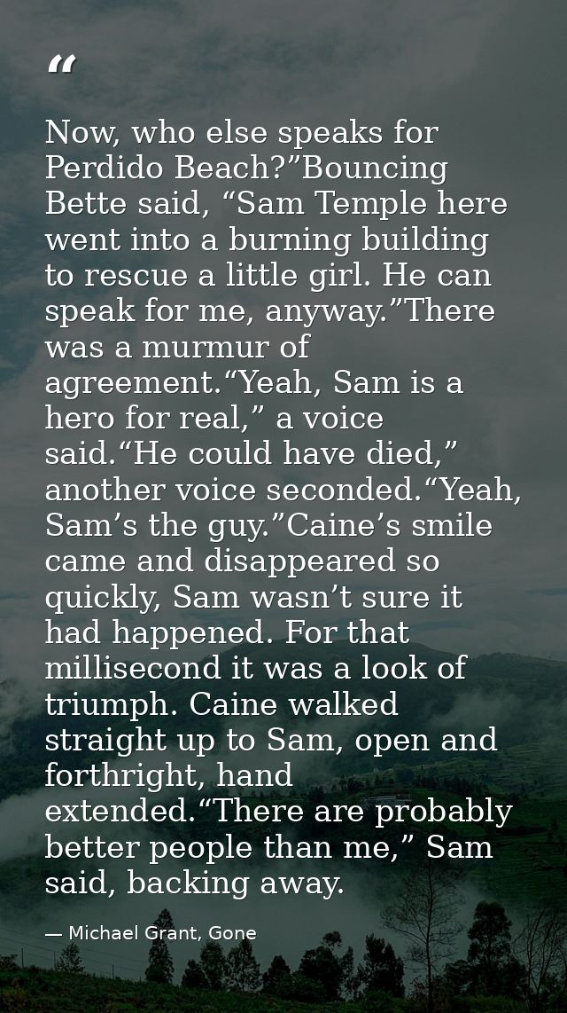 Now, who else speaks for Perdido Beach?”Bouncing Bette said, “Sam Temple here went into a burning building to rescue a l — Michael Grant, Gone