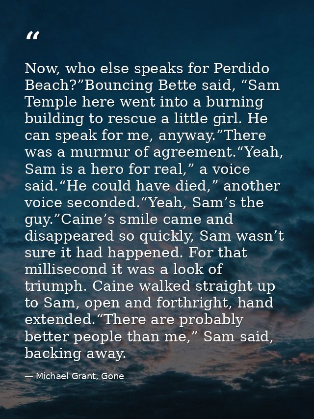 Now, who else speaks for Perdido Beach?”Bouncing Bette said, “Sam Temple here went into a burning building to rescue a l — Michael Grant, Gone