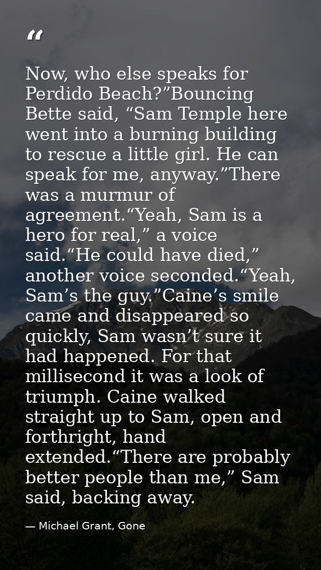 Now, who else speaks for Perdido Beach?”Bouncing Bette said, “Sam Temple here went into a burning building to rescue a l — Michael Grant, Gone