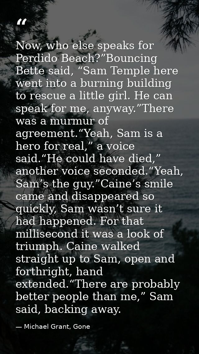 Now, who else speaks for Perdido Beach?”Bouncing Bette said, “Sam Temple here went into a burning building to rescue a l — Michael Grant, Gone