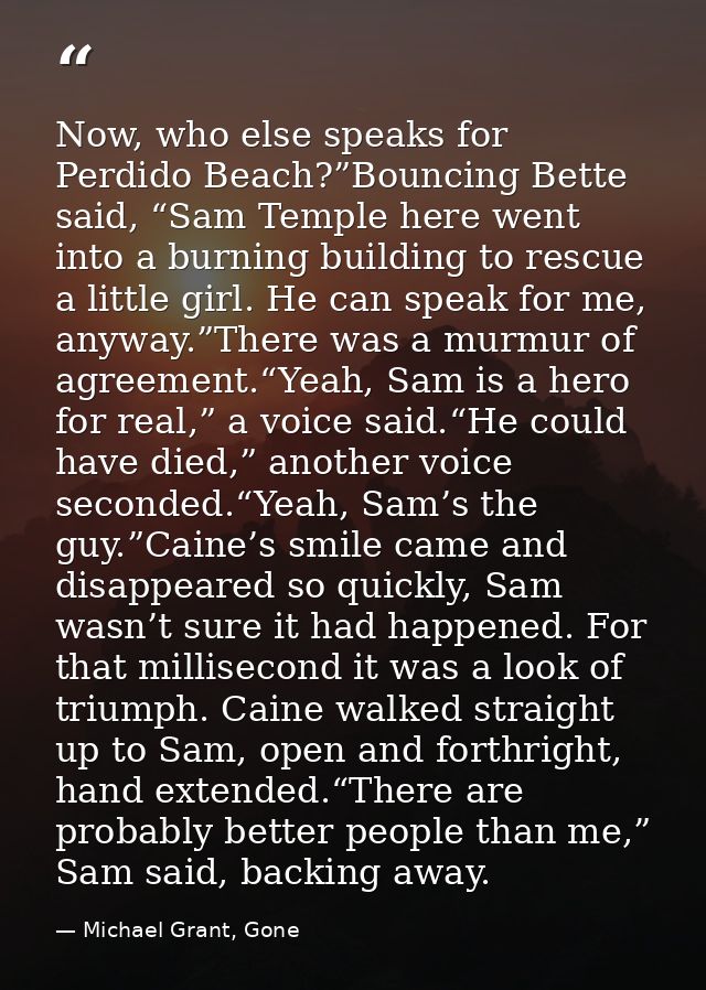 Now, who else speaks for Perdido Beach?”Bouncing Bette said, “Sam Temple here went into a burning building to rescue a l — Michael Grant, Gone