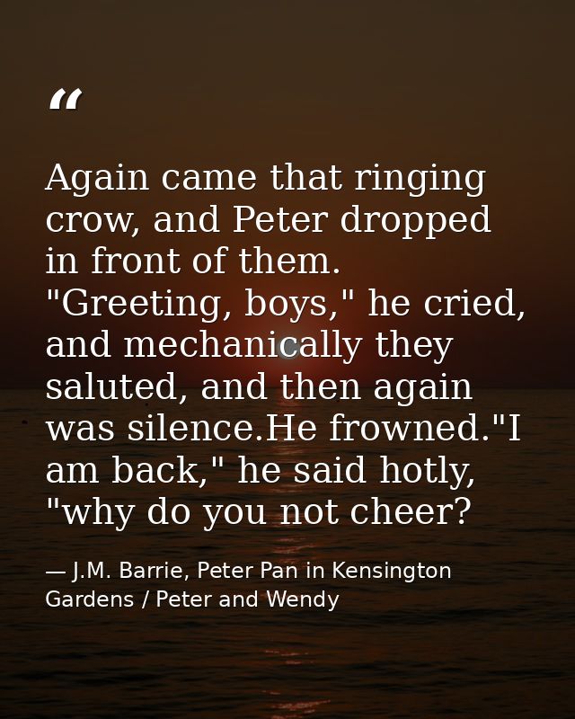 Again came that ringing crow, and Peter dropped in front of them. "Greeting, boys," he cried, and mechanically they salu — J.M. Barrie, Peter Pan in Kensington Gardens / Peter and Wendy