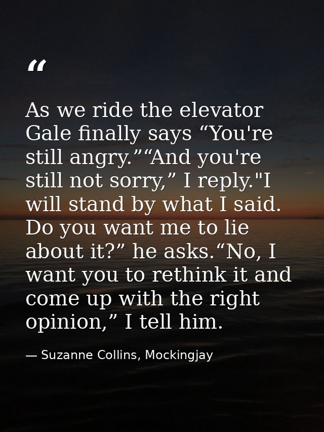 As we ride the elevator Gale finally says “You're still angry.”“And you're still not sorry,” I reply."I will stand by wh — Suzanne Collins, Mockingjay
