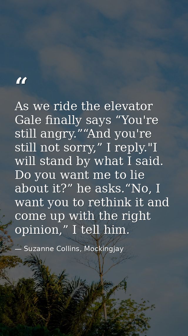 As we ride the elevator Gale finally says “You're still angry.”“And you're still not sorry,” I reply."I will stand by wh — Suzanne Collins, Mockingjay