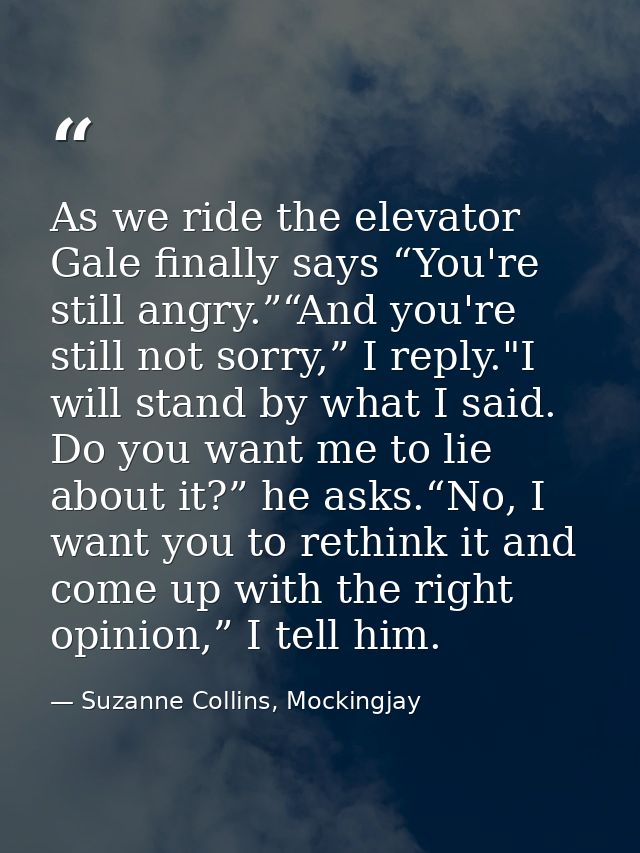 As we ride the elevator Gale finally says “You're still angry.”“And you're still not sorry,” I reply."I will stand by wh — Suzanne Collins, Mockingjay