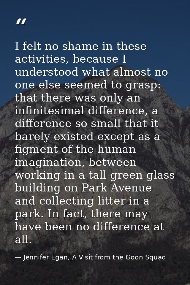 I felt no shame in these activities, because I understood what almost no one else seemed to grasp: that there was only a — Jennifer Egan, A Visit from the Goon Squad
