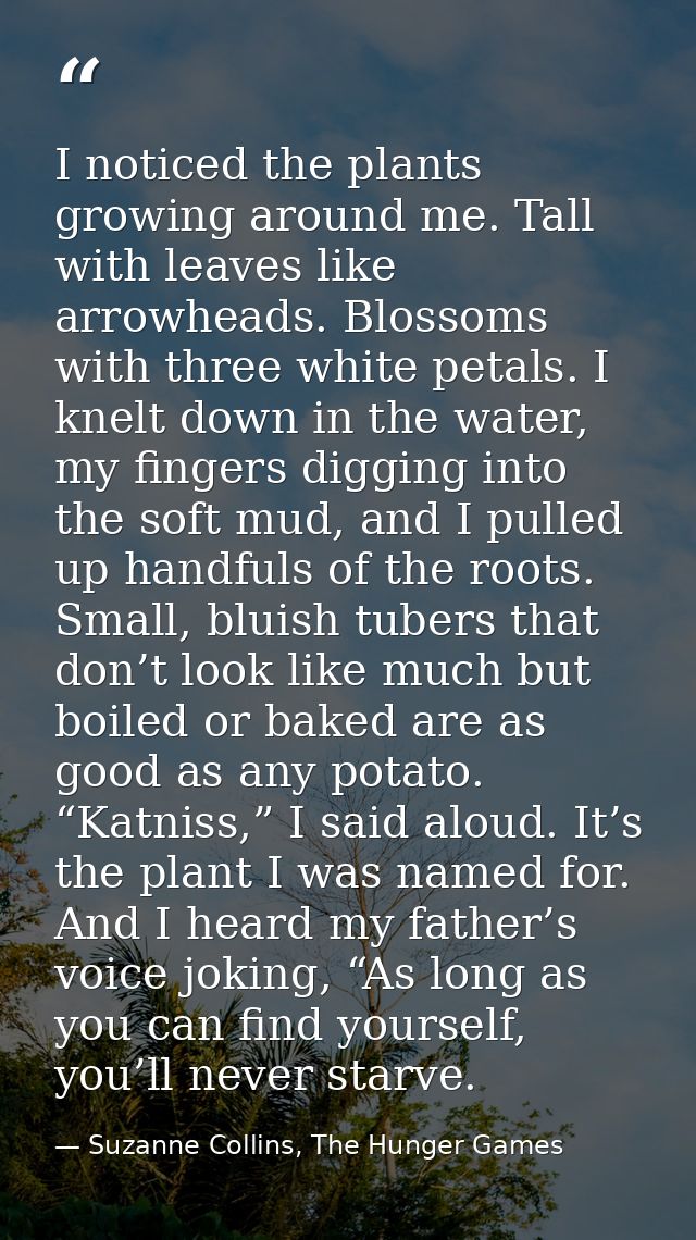 I noticed the plants growing around me. Tall with leaves like arrowheads. Blossoms with three white petals. I knelt down — Suzanne Collins, The Hunger Games