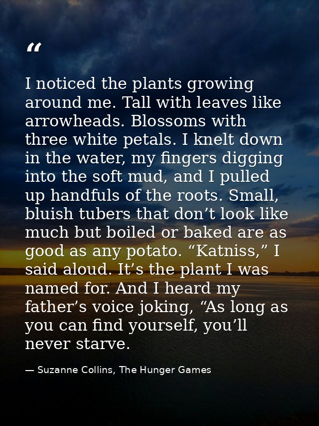 I noticed the plants growing around me. Tall with leaves like arrowheads. Blossoms with three white petals. I knelt down — Suzanne Collins, The Hunger Games