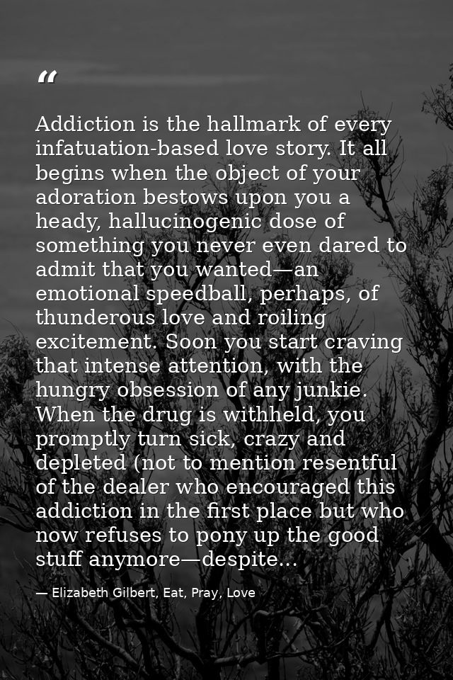 Addiction is the hallmark of every infatuation-based love story. It all begins when the object of your adoration bestows — Elizabeth Gilbert, Eat, Pray, Love
