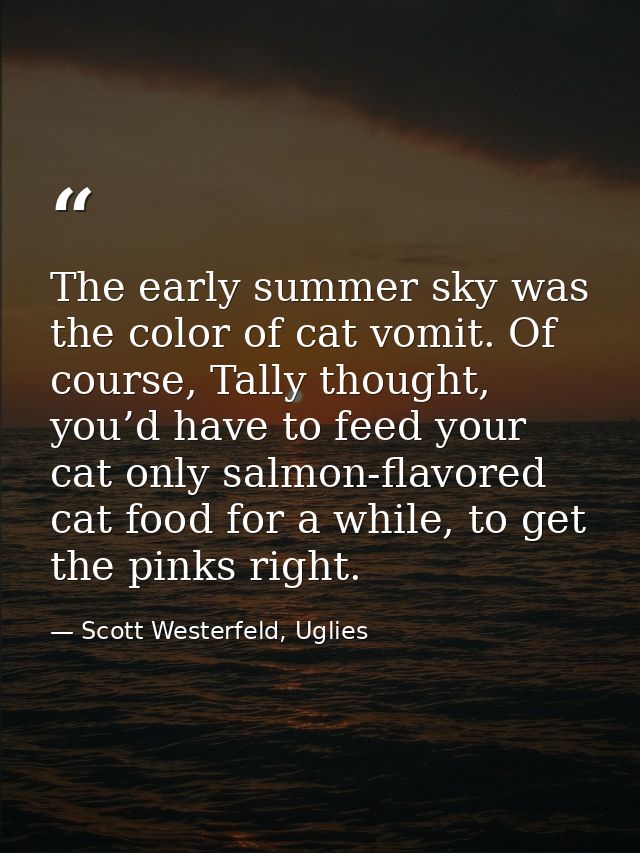 The early summer sky was the color of cat vomit. Of course, Tally thought, you’d have to feed your cat only salmon-flavo — Scott Westerfeld, Uglies