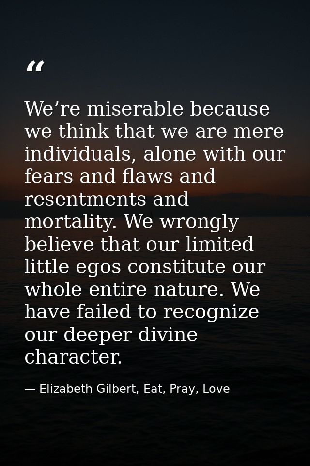 We’re miserable because we think that we are mere individuals, alone with our fears and flaws and resentments and mortal — Elizabeth Gilbert, Eat, Pray, Love