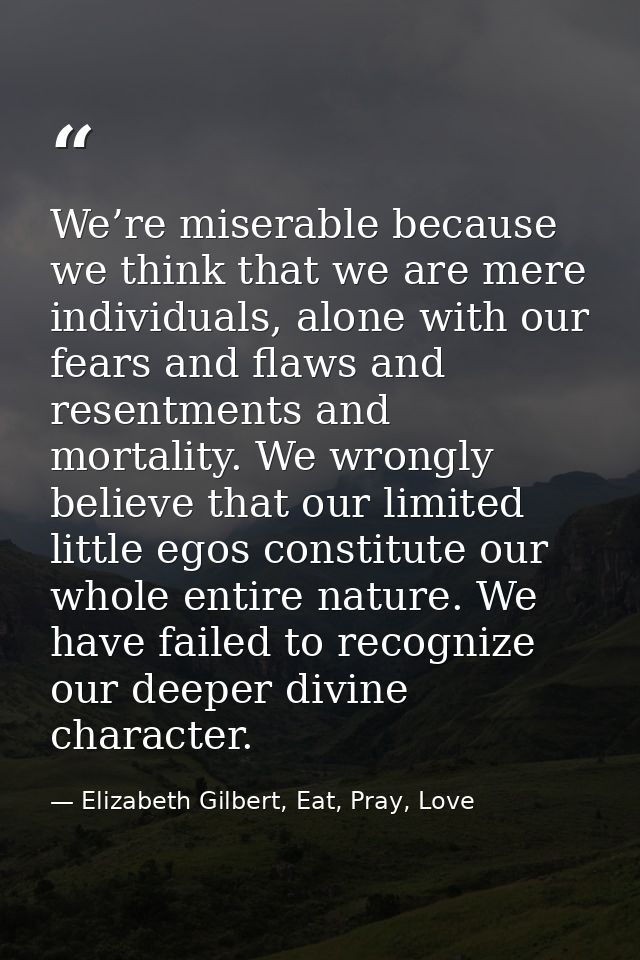 We’re miserable because we think that we are mere individuals, alone with our fears and flaws and resentments and mortal — Elizabeth Gilbert, Eat, Pray, Love